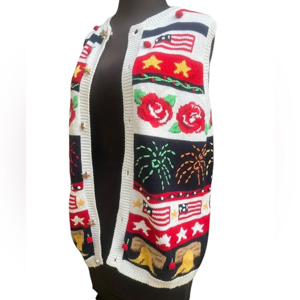 Vtg 90s American Flag Rose Artsy Fireworks Sweater Coastal Grandma Cardigan S